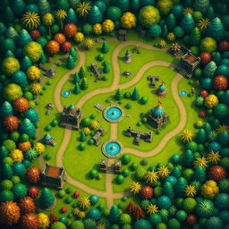 A detailed and imaginative MOBA (Multiplayer Online Battle Arena) map inspired by games like Dota 2 and League of Legends