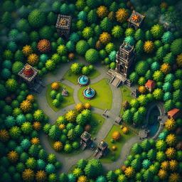 A detailed and imaginative MOBA (Multiplayer Online Battle Arena) map inspired by games like Dota 2 and League of Legends