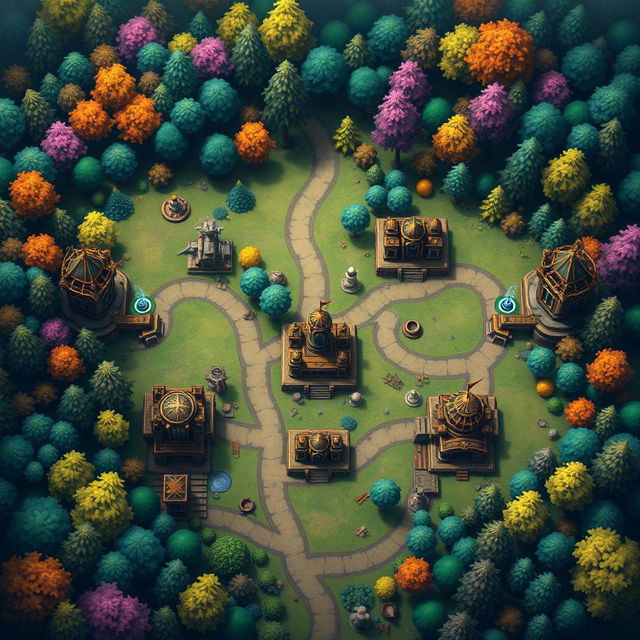 A detailed and imaginative MOBA (Multiplayer Online Battle Arena) map inspired by games like Dota 2 and League of Legends