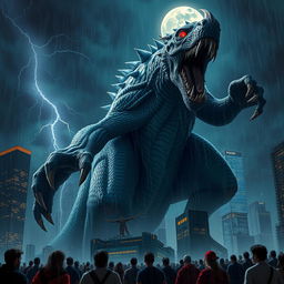 A colossal, fearsome monster towering over a cityscape, its scales glistening under the moonlight, with fierce red eyes glowing menacingly