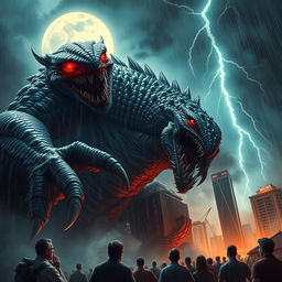 A colossal, fearsome monster towering over a cityscape, its scales glistening under the moonlight, with fierce red eyes glowing menacingly