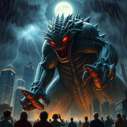 A colossal, fearsome monster towering over a cityscape, its scales glistening under the moonlight, with fierce red eyes glowing menacingly