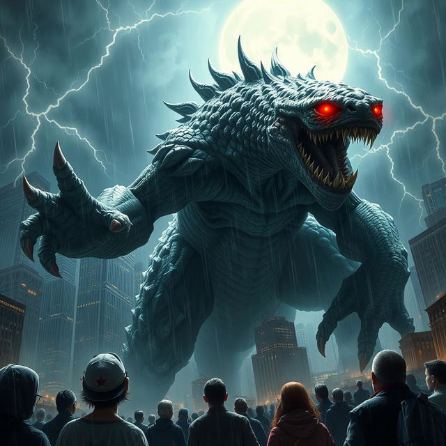 A colossal, fearsome monster towering over a cityscape, its scales glistening under the moonlight, with fierce red eyes glowing menacingly