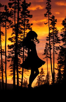 A beautiful silhouette of a girl standing gracefully among tall, slender trees against a captivating sunset backdrop
