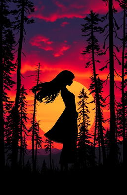 A beautiful silhouette of a girl standing gracefully among tall, slender trees against a captivating sunset backdrop