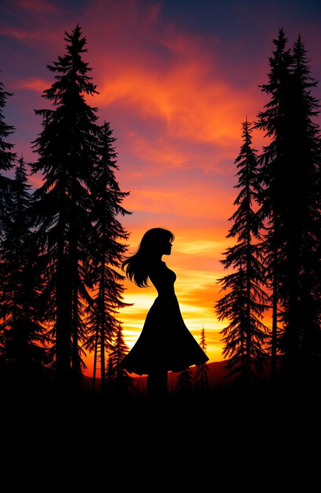 A beautiful silhouette of a girl standing gracefully among tall, slender trees against a captivating sunset backdrop