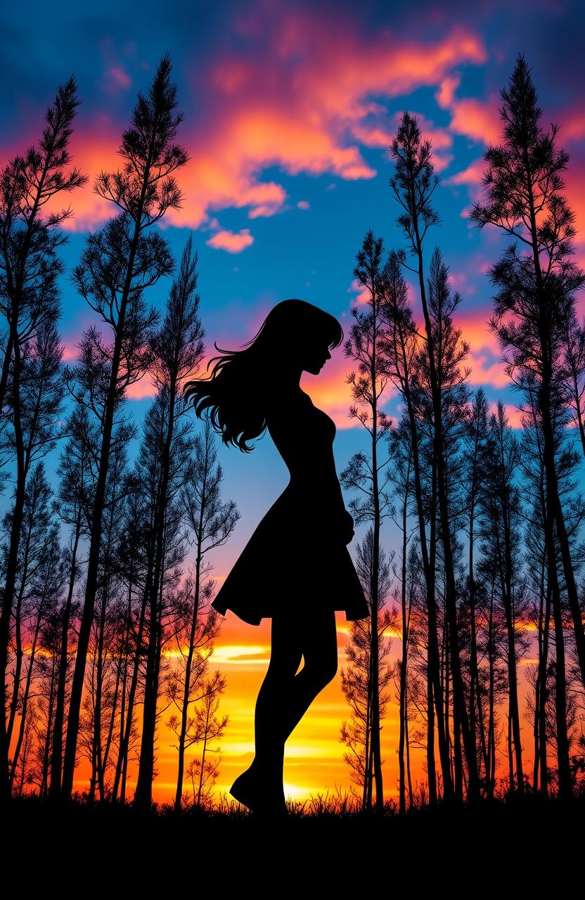 A beautiful silhouette of a girl standing gracefully among tall, slender trees against a captivating sunset backdrop