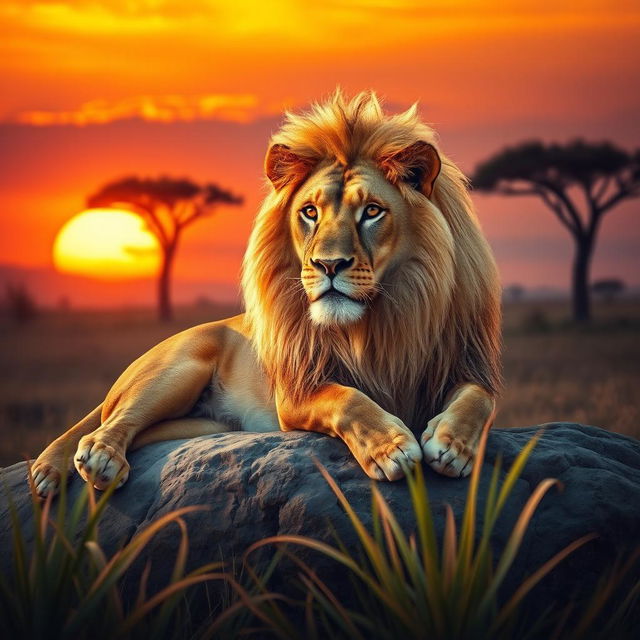 A stunningly realistic portrait of a majestic lion lounging on a sunlit rock in the African savannah