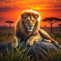 A stunningly realistic portrait of a majestic lion lounging on a sunlit rock in the African savannah