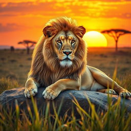 A stunningly realistic portrait of a majestic lion lounging on a sunlit rock in the African savannah