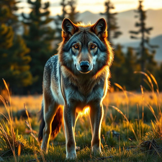 A majestic wolf standing proud in a lush wilderness setting, its striking fur glistening under the soft golden light of dusk