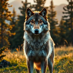 A majestic wolf standing proud in a lush wilderness setting, its striking fur glistening under the soft golden light of dusk