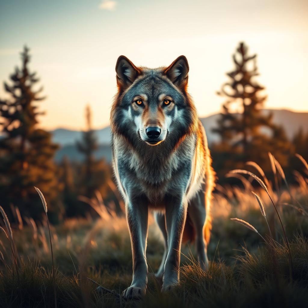 A majestic wolf standing proud in a lush wilderness setting, its striking fur glistening under the soft golden light of dusk