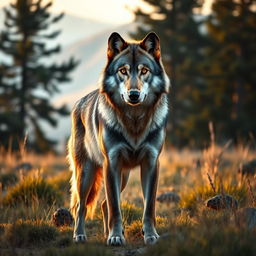A majestic wolf standing proud in a lush wilderness setting, its striking fur glistening under the soft golden light of dusk