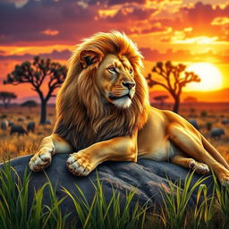 A vividly realistic portrait of a majestic lion reclining on a sunlit rock in the heart of the African savannah