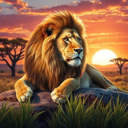 A vividly realistic portrait of a majestic lion reclining on a sunlit rock in the heart of the African savannah