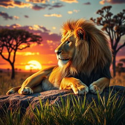 A vividly realistic portrait of a majestic lion reclining on a sunlit rock in the heart of the African savannah