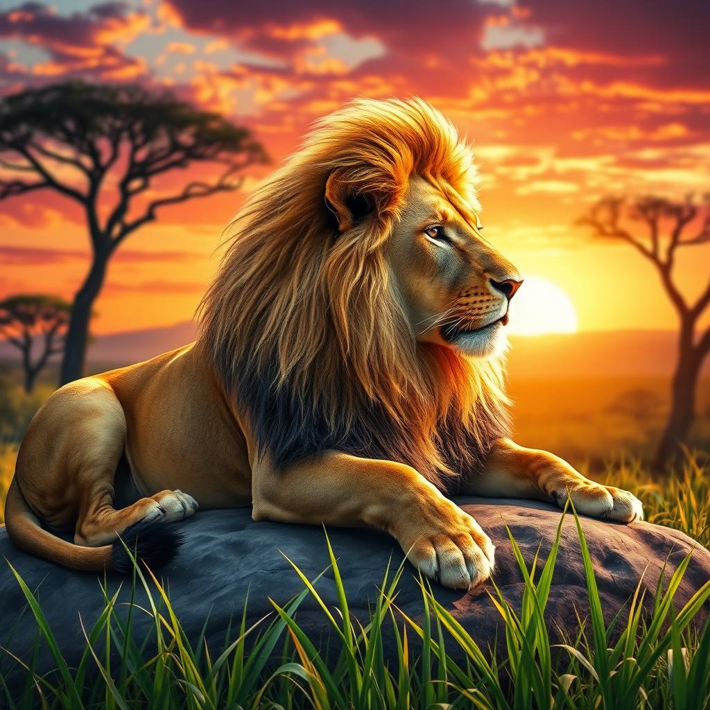 A vividly realistic portrait of a majestic lion reclining on a sunlit rock in the heart of the African savannah