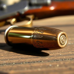 A close-up view of a shiny, metallic bullet lying on a wooden surface, with soft natural lighting creating subtle reflections on its surface