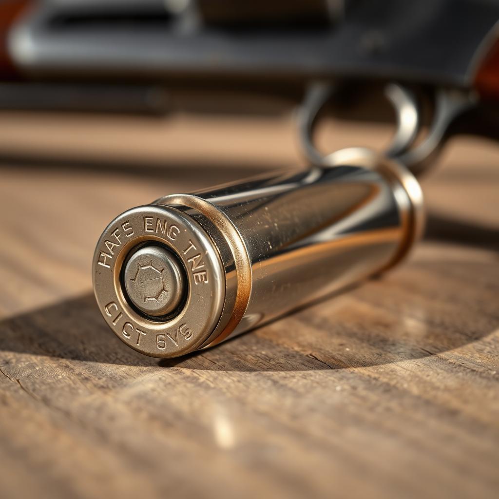 A close-up view of a shiny, metallic bullet lying on a wooden surface, with soft natural lighting creating subtle reflections on its surface
