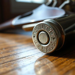 A close-up view of a shiny, metallic bullet lying on a wooden surface, with soft natural lighting creating subtle reflections on its surface