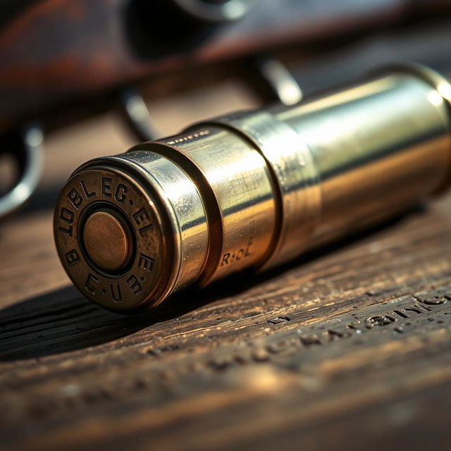 A close-up view of a shiny, metallic bullet lying on a wooden surface, with soft natural lighting creating subtle reflections on its surface