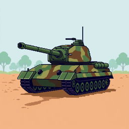 A detailed pixel art depiction of a robust tank, showcasing a classic military design with a green and brown camouflage pattern