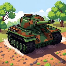 A detailed pixel art depiction of a robust tank, showcasing a classic military design with a green and brown camouflage pattern