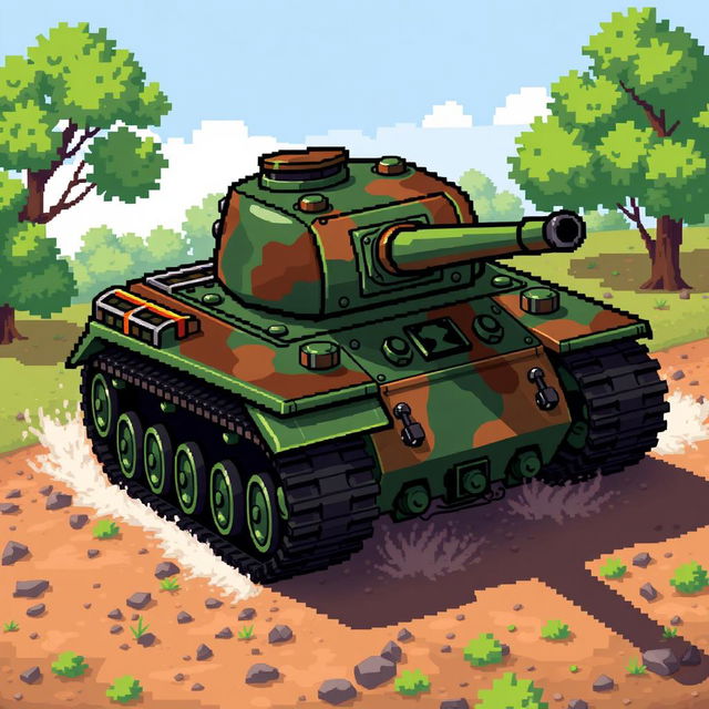 A detailed pixel art depiction of a robust tank, showcasing a classic military design with a green and brown camouflage pattern