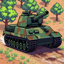 A detailed pixel art depiction of a robust tank, showcasing a classic military design with a green and brown camouflage pattern