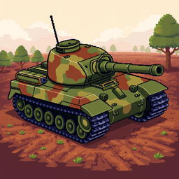 A detailed pixel art depiction of a robust tank, showcasing a classic military design with a green and brown camouflage pattern