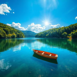 An ultra-realistic photograph of a serene natural landscape featuring a tranquil lake surrounded by lush green forests, with a bright blue sky and fluffy white clouds reflecting on the water