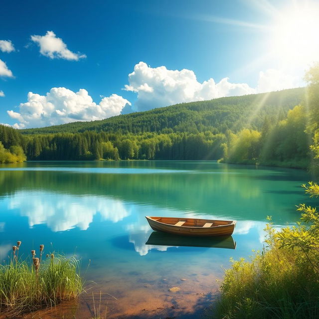 An ultra-realistic photograph of a serene natural landscape featuring a tranquil lake surrounded by lush green forests, with a bright blue sky and fluffy white clouds reflecting on the water