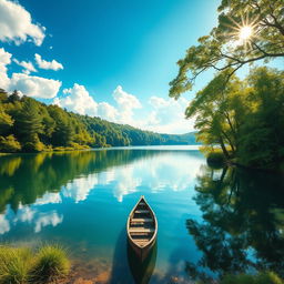 An ultra-realistic photograph of a serene natural landscape featuring a tranquil lake surrounded by lush green forests, with a bright blue sky and fluffy white clouds reflecting on the water