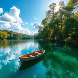 An ultra-realistic photograph of a serene natural landscape featuring a tranquil lake surrounded by lush green forests, with a bright blue sky and fluffy white clouds reflecting on the water
