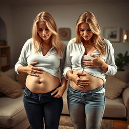Two blonde women in their late twenties, standing in a cozy living room