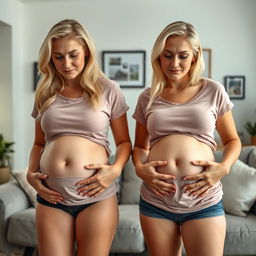 Two blonde women in their late twenties, standing in a cozy living room