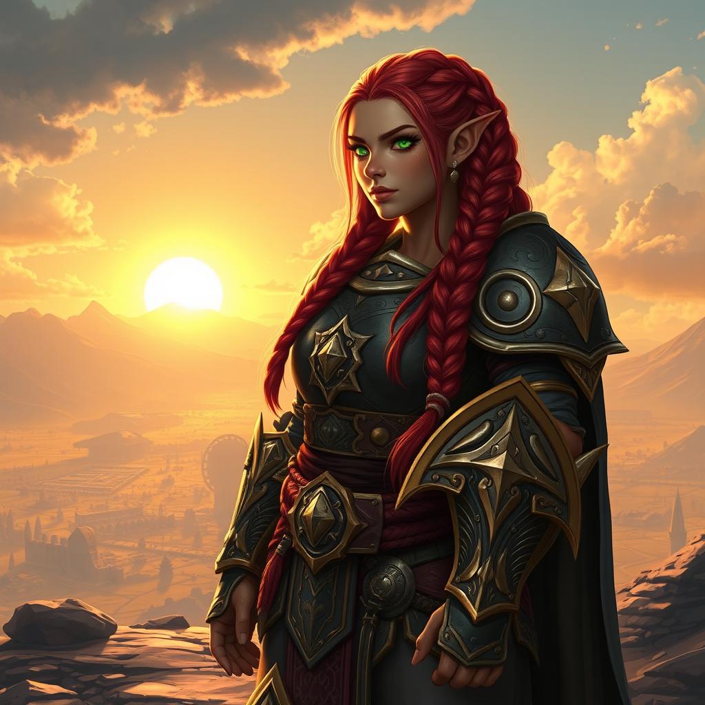 A fearless Paladin dwarf with braided, glistening red hair stands tall in resplendent divine armor