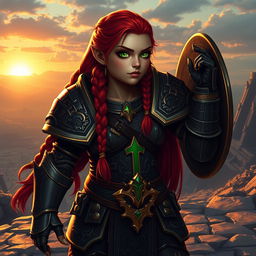 A fearless Paladin dwarf with braided, glistening red hair stands tall in resplendent divine armor
