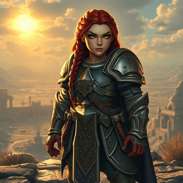 A fearless Paladin dwarf with braided, glistening red hair stands tall in resplendent divine armor