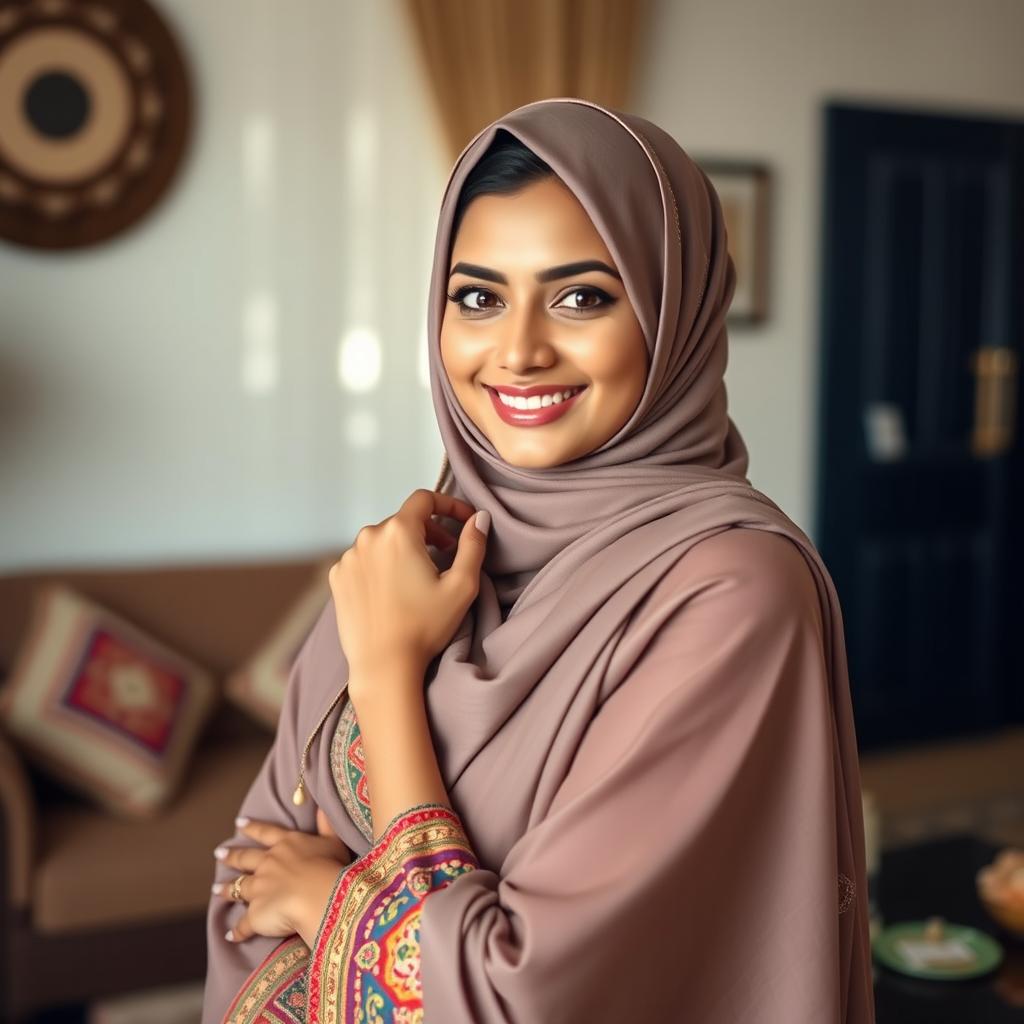 A beautiful Indian Muslim woman with captivating features, wearing a stylish and elegant hijab that complements her outfit, posed gracefully in a cozy living room setting