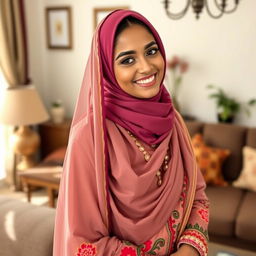 A beautiful Indian Muslim woman with captivating features, wearing a stylish and elegant hijab that complements her outfit, posed gracefully in a cozy living room setting