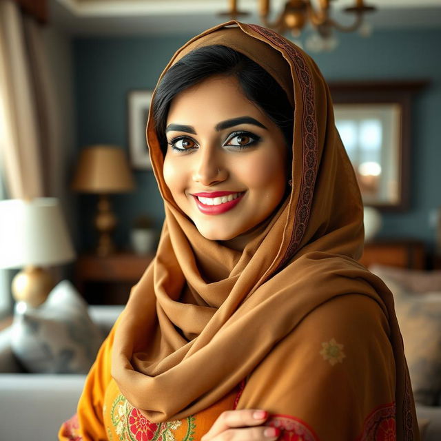 A beautiful Indian Muslim woman with captivating features, wearing a stylish and elegant hijab that complements her outfit, posed gracefully in a cozy living room setting