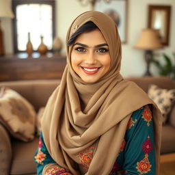 A beautiful Indian Muslim woman with captivating features, wearing a stylish and elegant hijab that complements her outfit, posed gracefully in a cozy living room setting