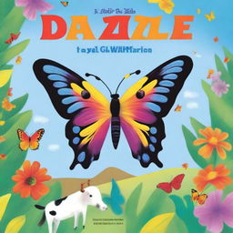 A vibrant, high-quality illustration cover presents Dizzle, a brightly colored butterfly, flying against a backdrop of iconic animals such as a giraffe, long horn Texas cow, iguana, black belly sheep, and Cayman from around the world