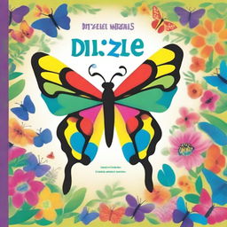 A vibrant, high-quality illustration cover presents Dizzle, a brightly colored butterfly, flying against a backdrop of iconic animals such as a giraffe, long horn Texas cow, iguana, black belly sheep, and Cayman from around the world