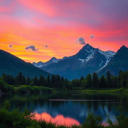 A serene landscape showcasing a vibrant sunset over majestic mountains