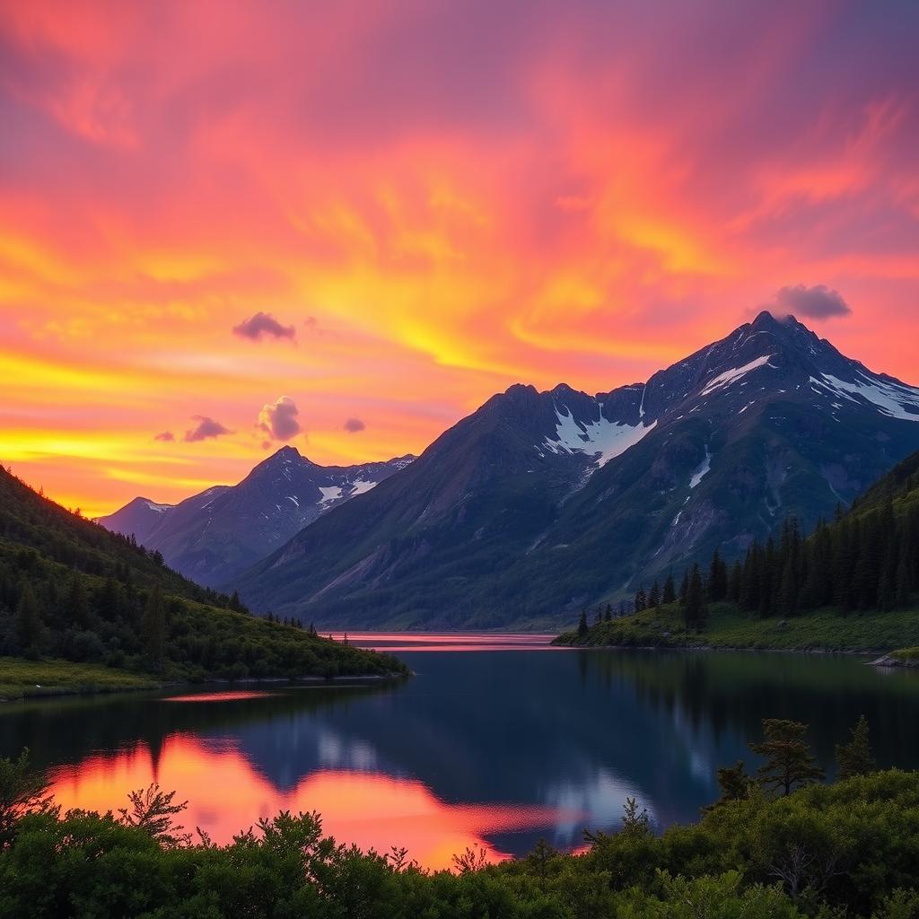 A serene landscape showcasing a vibrant sunset over majestic mountains