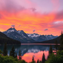 A serene landscape showcasing a vibrant sunset over majestic mountains