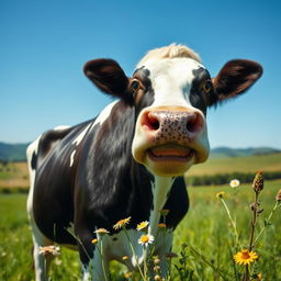 A close-up view of a beautiful, glossy black and white Holstein cow standing in a lush green pasture